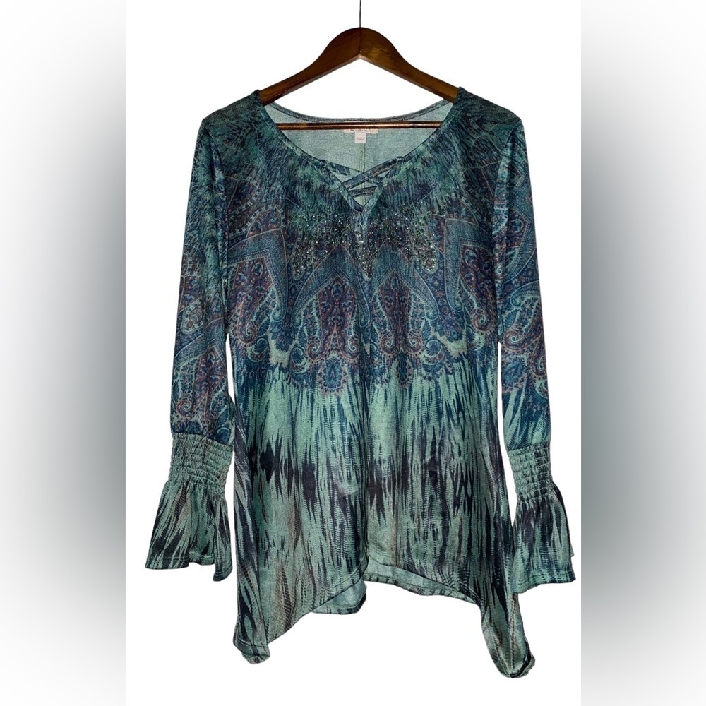 One World One Live‎ Drapery Floral Sharkbite Top Bell Sleeve Women L Boho Hippie